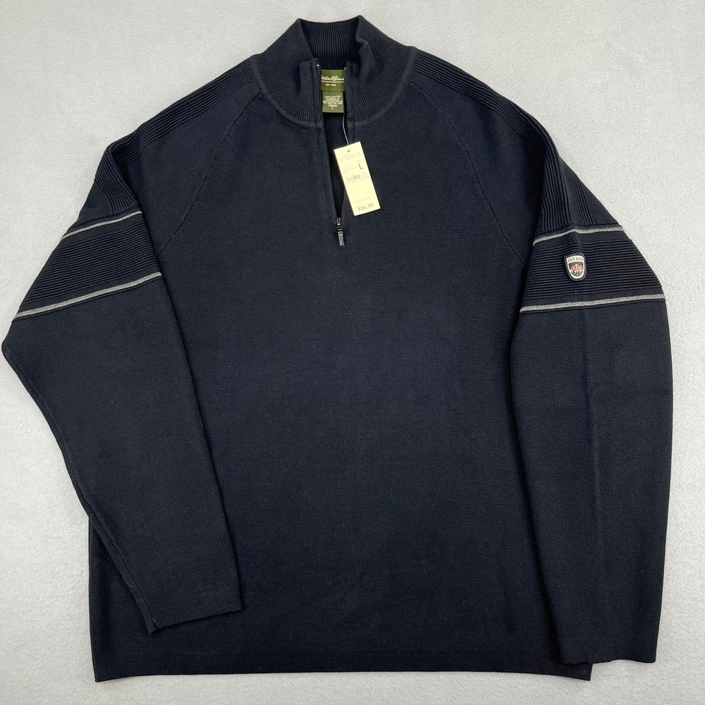 Eddie Bauer Mens Half Zip Ski Sweater Navy Blue Cotton Logo Patch Large NEW